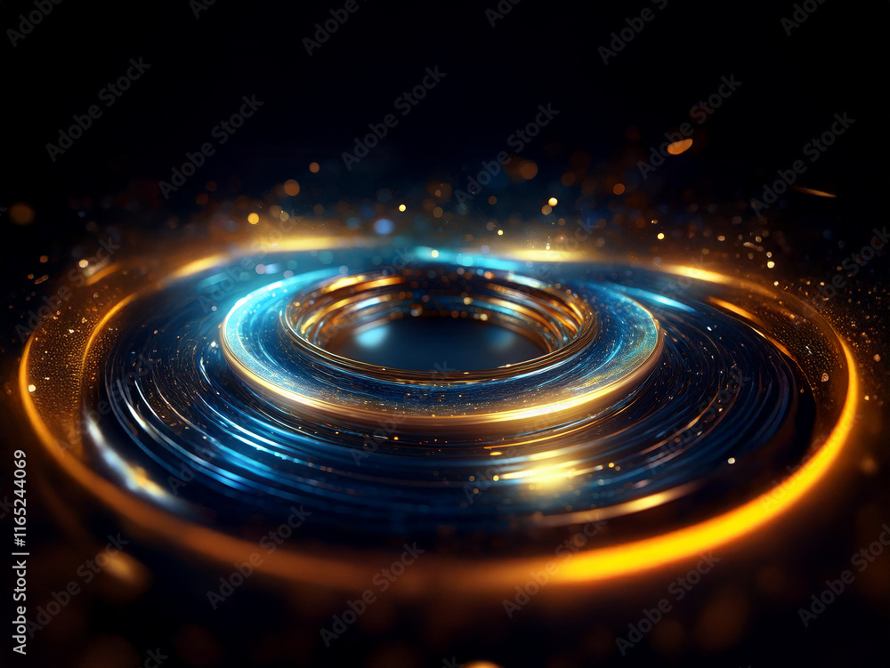 Glowing concentric circles of blue and gold shimmer in the dark, creating a futuristic, energy-filled vortex effect with sparkling particles. Glowing concentric circles of blue and gold shimmer in the dark, creating a futuristic, energy-filled vortex effect with sparkling particles.
