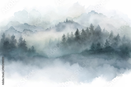 Tranquil mist enveloping a serene landscape of trees and mountains, creating a peaceful and atmospheric scene.