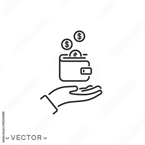 wallet with coins in the hand icon, save money, finance income, transfer, deposit or payment, price and cash back, cost refund, thin line symbol concept, editable stroke eps 10 vector illustration