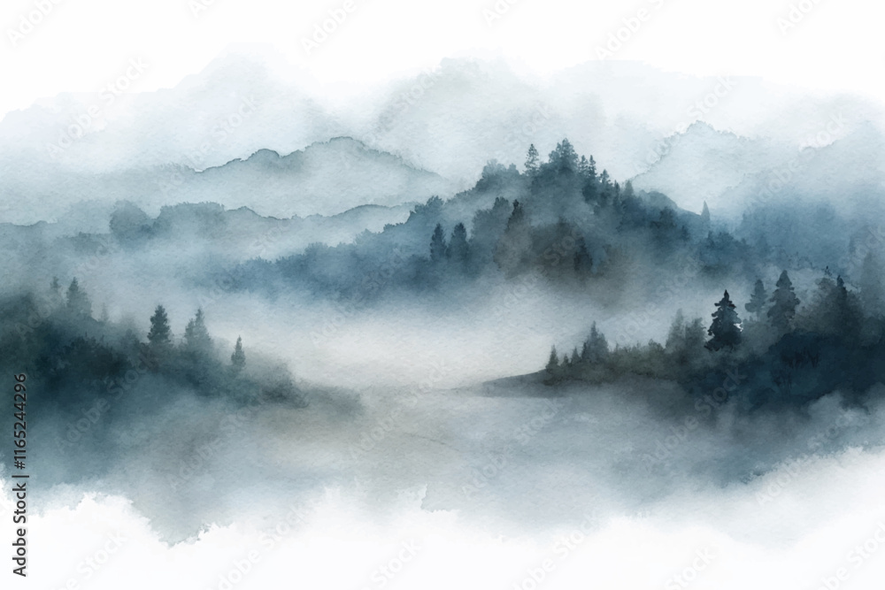 Fototapeta premium Misty mountains and trees shrouded in fog, offering a tranquil and serene landscape in soft watercolor tones.