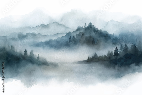 Misty mountains and trees shrouded in fog, offering a tranquil and serene landscape in soft watercolor tones.