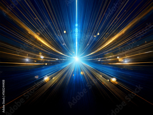 Abstract image depicting a vibrant, luminous burst of light, radiating outwards in streaks of blue and gold against a dark background, suggesting speed and energy.