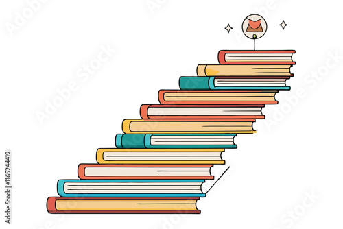creative vector illustration of books arranged as ascending stairs, symbolizing education, knowledge growth, academic success, and progress