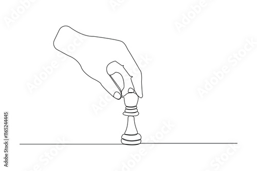 Hand with chess piece one line drawing. Chess game concept outline vector