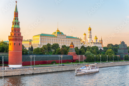 Photography View of Kremlin with Vodovzvodnaya tower, Grand Kremlin Palace from repaired Bolshoy Kamenny Bridge in Moscow city on sunny summer day