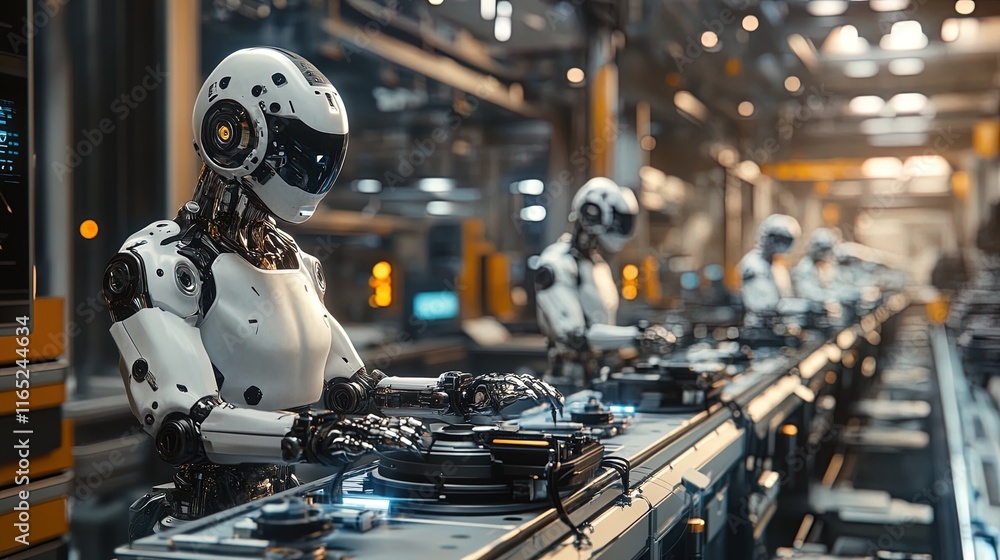 Robotic assembly line in a futuristic factory, detailed mechanical parts and metallic sheen Robotic assembly line in a futuristic factory, detailed mechanical parts and metallic sheen