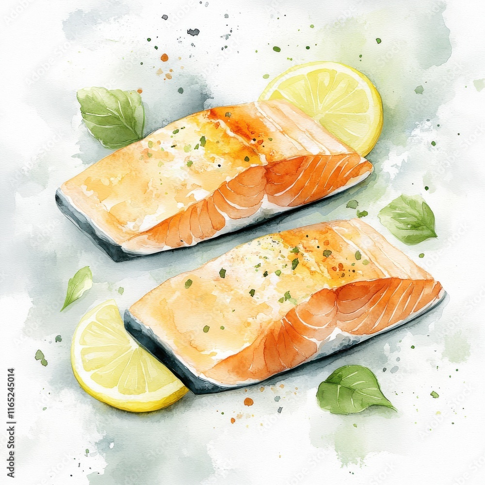Gourmet Grilled Salmon Fillets with Lemon and Herbs Watercolor Painting Gourmet Grilled Salmon Fillets with Lemon and Herbs Watercolor Painting