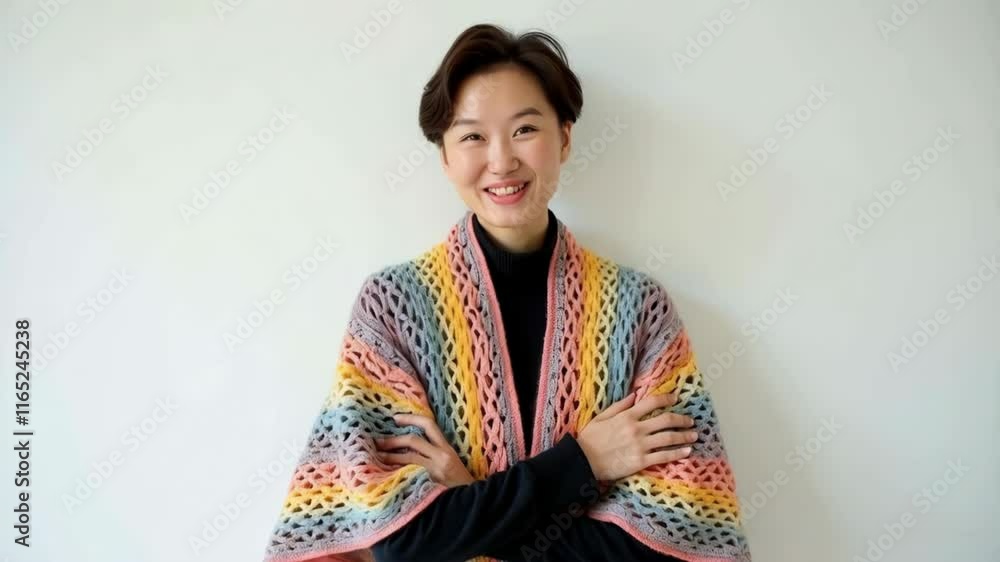 Smiling woman in a colorful shawl looking directly at the camera Smiling woman in a colorful shawl looking directly at the camera