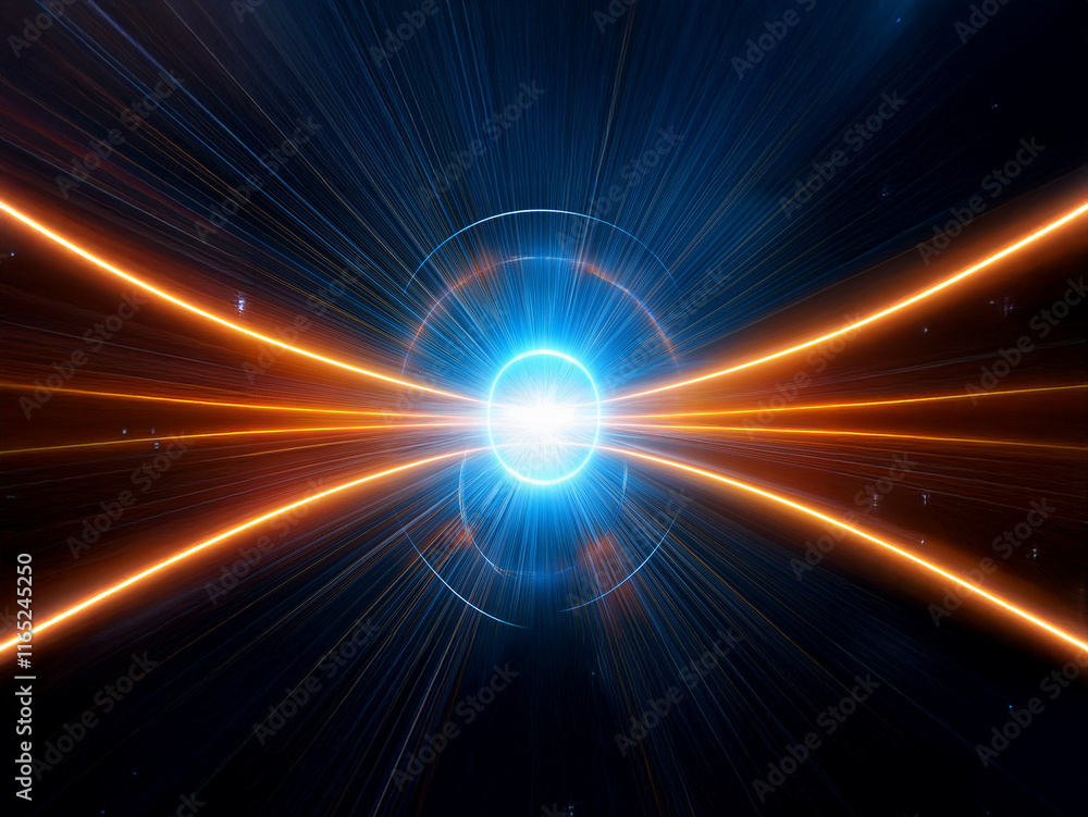 Obraz premium Abstract image depicting a vibrant, glowing orb at the center, emitting bright blue and orange energy streaks that radiate outwards, creating a sense of cosmic power and energy.