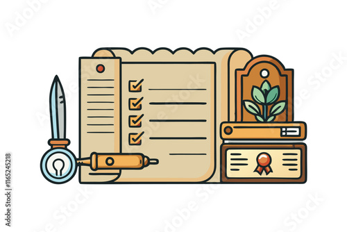 creative design featuring a locked recipe scroll, feather pen, and antique book details, representing privacy and secure documentation