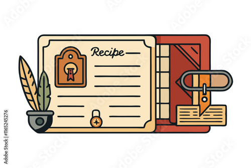 vintage style vector art of a secured recipe document with a scroll, padlock, and quill, symbolizing protection and confidentiality