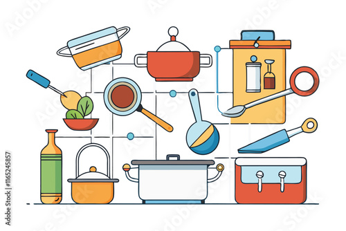 Creative vector illustration of kitchen tools and utensils interconnected in a grid design, highlighting cooking essentials and culinary art