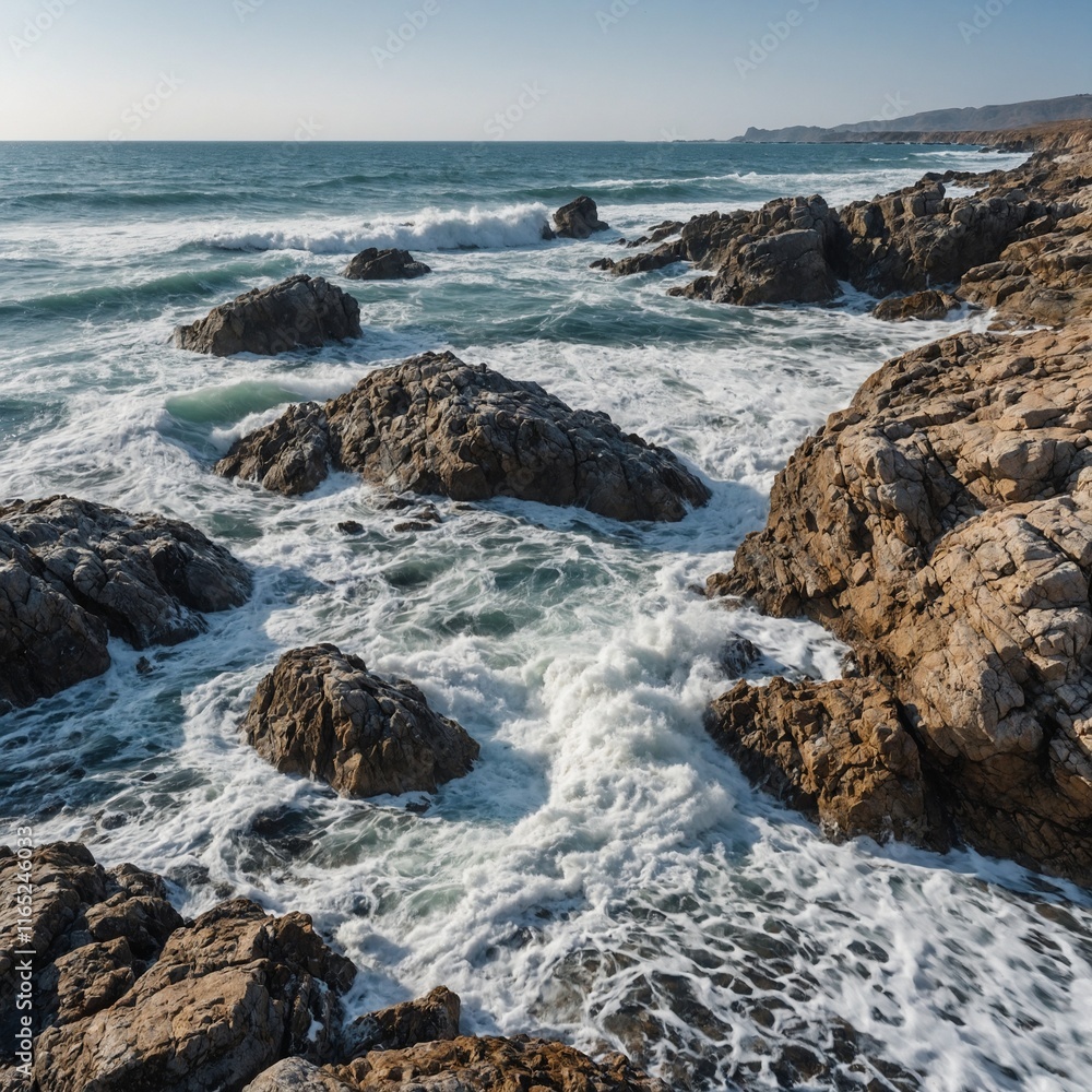 A picturesque rocky shoreline with waves gently breaking, showing detailed textures of rocks and foam on a white background.