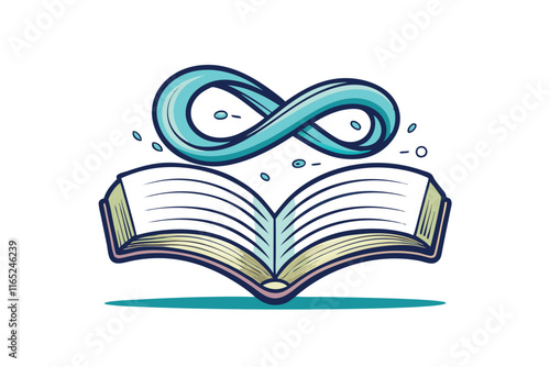 Creative vector illustration of an open book with an infinite spiral hovering above, symbolizing endless knowledge and infinite learning potential