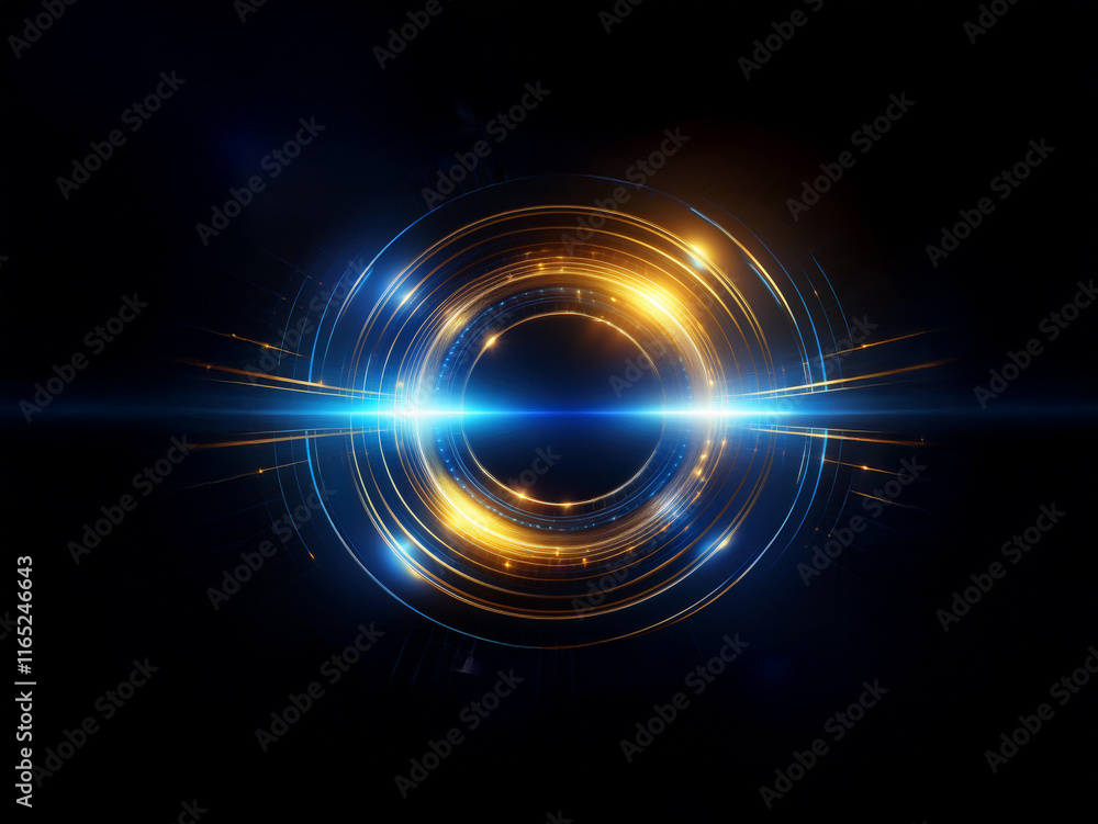 Intricate glowing concentric circles in gold and blue, emitting light streaks across a dark background. A futuristic and energy-filled abstract design. Intricate glowing concentric circles in gold and blue, emitting light streaks across a dark background. A futuristic and energy-filled abstract design.