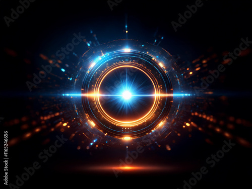 A futuristic, glowing circular portal with vibrant blue and orange energy pulses radiating outwards in a dark, space-like setting.  The central light source emits a bright, star-like glow. photo