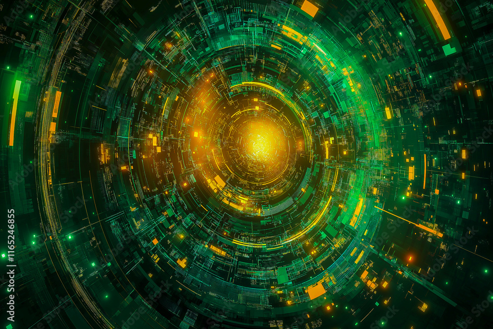 Fototapeta premium Dynamic background dominated by green with yellow flashes. TV game wheel effect in the centre of the image.