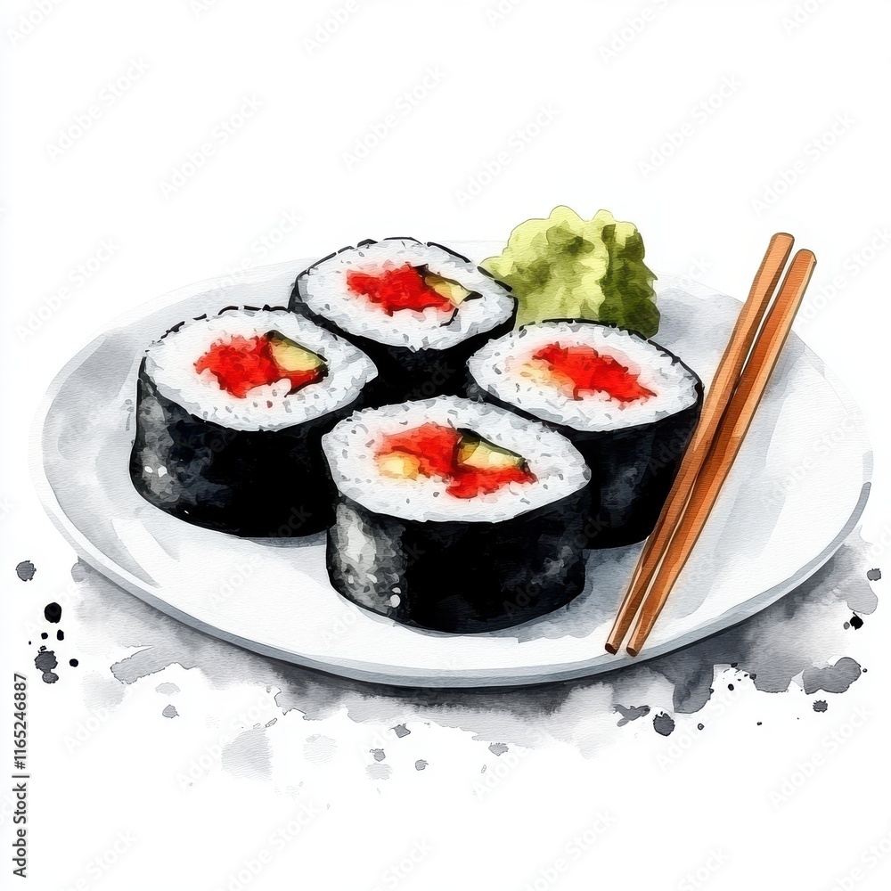 Delicious Sushi Rolls on Plate with Chopsticks Watercolor Painting of Japanese Cuisine Delicious Sushi Rolls on Plate with Chopsticks Watercolor Painting of Japanese Cuisine