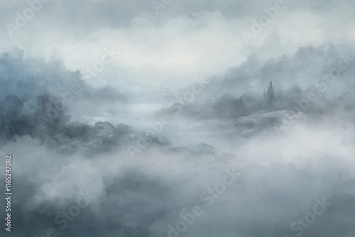 A foggy landscape reveals distant hills and trees, creating a serene and mysterious atmosphere.