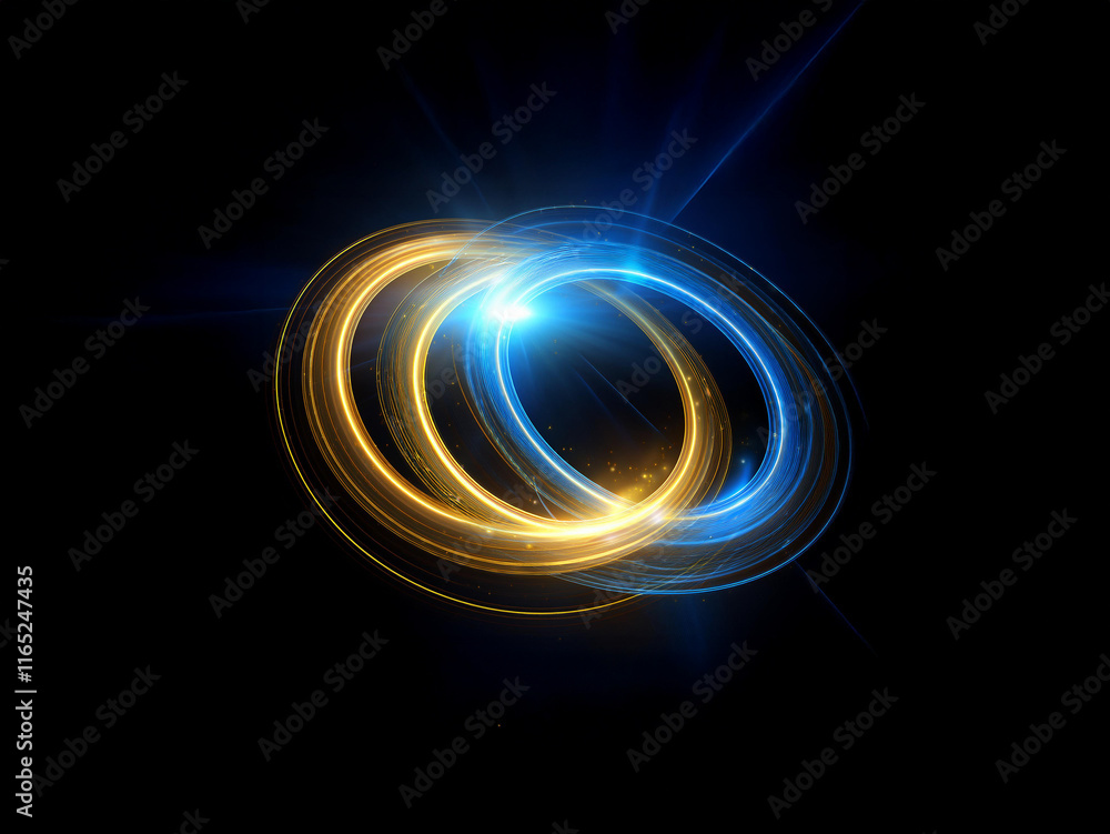 Naklejka premium Intertwined luminous rings of blue and gold light radiate against a black background, creating a dynamic, energetic, and ethereal glow. The rings intersect, suggesting connection and unity.