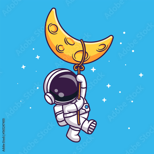 Cute Astronaut Hanging On Moon With Rope Cartoon Vector 
Icon Illustration. Science Technology Icon Concept Isolated 
Premium Vector. Flat Cartoon Style