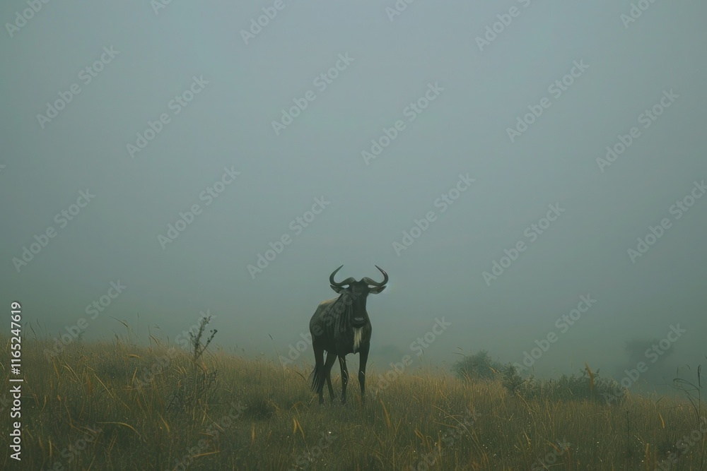 painting-A strong wildebeest standing tall, with the landscape fading into a foggy gray mist painting-A strong wildebeest standing tall, with the landscape fading into a foggy gray mist