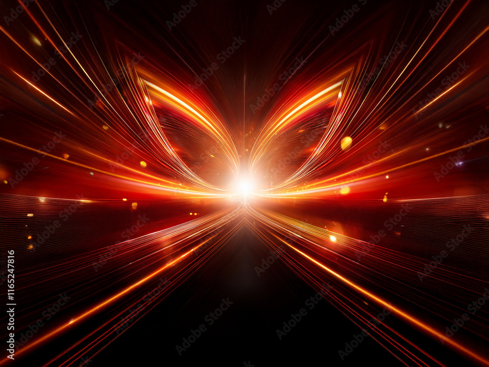 Intense, fiery streaks of light converge, forming a mesmerizing butterfly-like shape against a dark background. The vibrant glow emanates from a central point, creating a sense of speed and energy. Intense, fiery streaks of light converge, forming a mesmerizing butterfly-like shape against a dark background. The vibrant glow emanates from a central point, creating a sense of speed and energy.