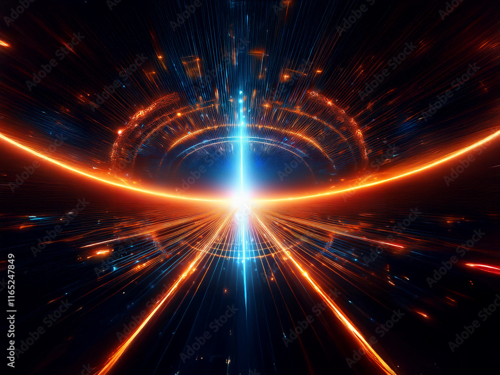 Naklejka premium A vibrant, abstract depiction of a futuristic portal or wormhole. Glowing energy streams converge at a central point of intense light, creating a dynamic, otherworldly scene. The color palette is pre