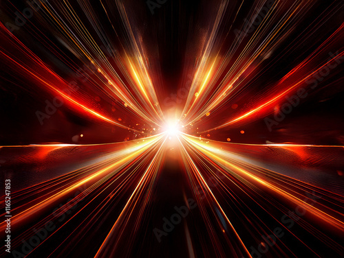 Intense, radiating streaks of red and orange light converge at a central point, creating a dynamic, high-speed effect against a black background.  The image evokes feelings of motion, energy, and powe photo