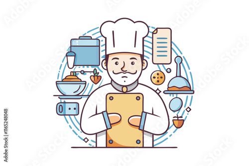 Modern chef illustration featuring a secret recipe book, kitchen tools, and culinary themed symbols in an engaging vector design