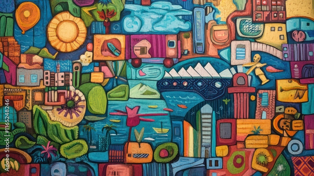 Obraz premium Vibrant Abstract Urban Landscape with Surreal Elements