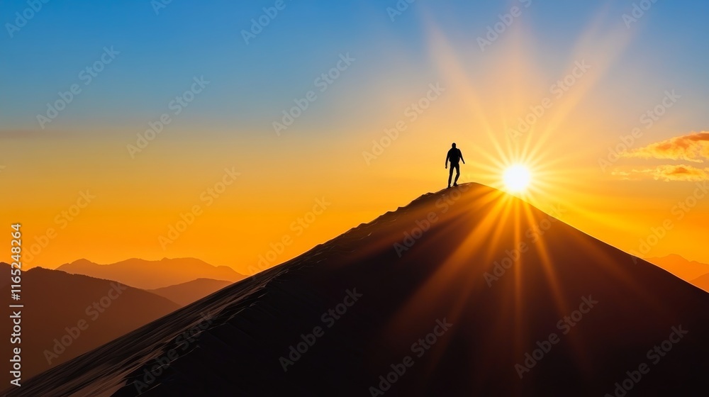 A lone hiker climbing the crest of a massive dune, silhouetted by the rising sun A lone hiker climbing the crest of a massive dune, silhouetted by the rising sun