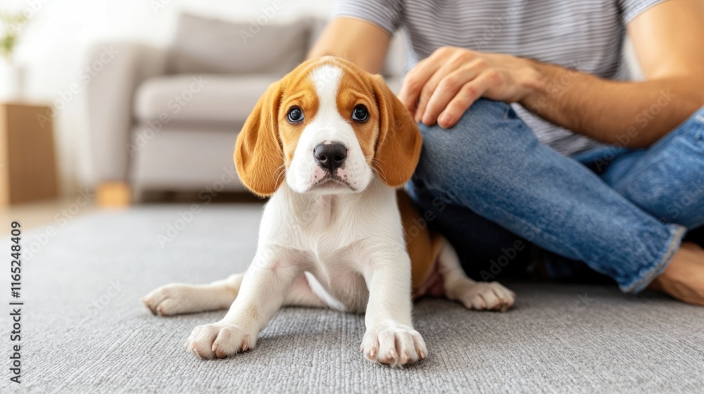 Playful beagle puppy with owner cozy living room pet photography warm home environment close-up perspective joyful companionship Playful beagle puppy with owner cozy living room pet photography warm home environment close-up perspective joyful companionship