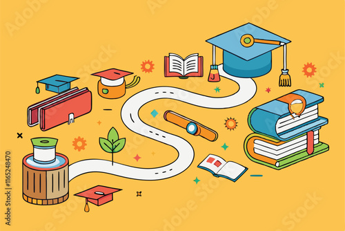 Creative educational roadmap with vibrant elements like books, graduation caps, and academic symbols in an engaging vector design