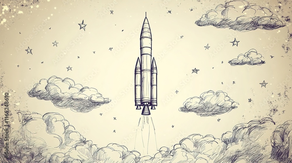 hand-drawn sketch of rocket preparing for liftoff framed by simple linework clouds and blurred stars hand-drawn sketch of rocket preparing for liftoff framed by simple linework clouds and blurred stars