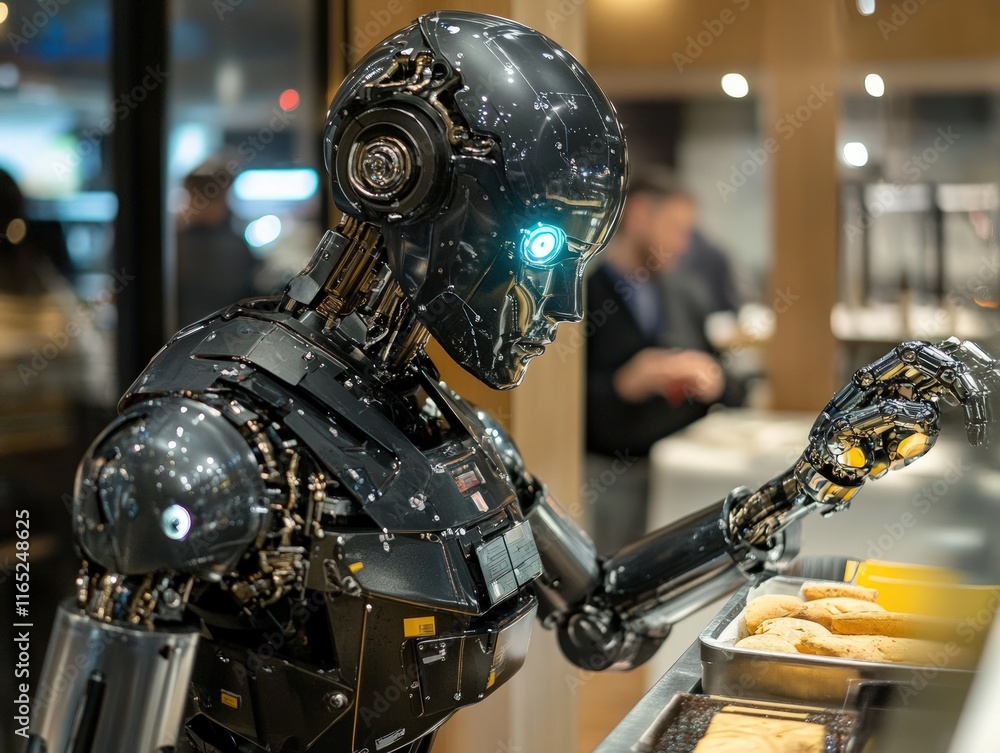 Futuristic robot with glowing eyes meticulously handling pastries in a modern setting. Futuristic robot with glowing eyes meticulously handling pastries in a modern setting.