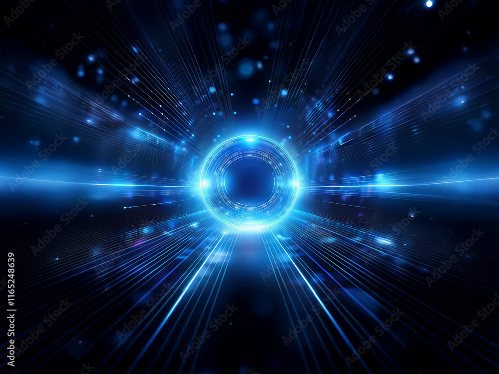 Fototapeta premium A mesmerizing abstract digital artwork featuring a glowing blue circular portal surrounded by dynamic light streaks and particles. It evokes a sense of speed, technology, and otherworldly travel.