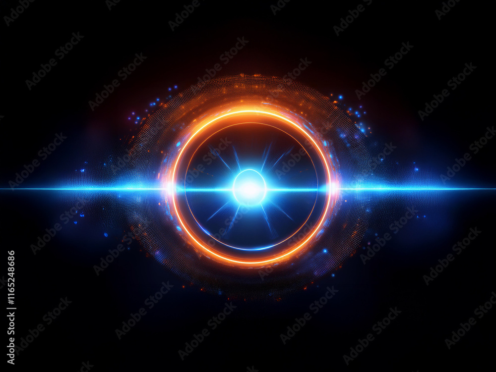 A vibrant, glowing ring of orange and blue energy pulses in the dark, emanating light and particles. A bright core shines at its center, creating a mesmerizing cosmic effect. A vibrant, glowing ring of orange and blue energy pulses in the dark, emanating light and particles. A bright core shines at its center, creating a mesmerizing cosmic effect.