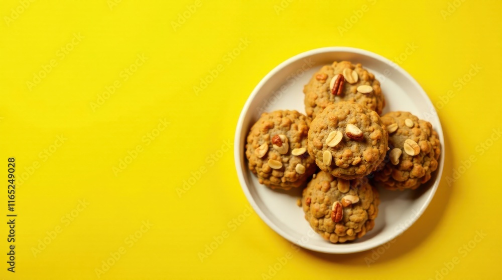 A plate of delicious peanut butter oatmeal cookies with pecans, perfect for a sweet treat A plate of delicious peanut butter oatmeal cookies with pecans, perfect for a sweet treat
