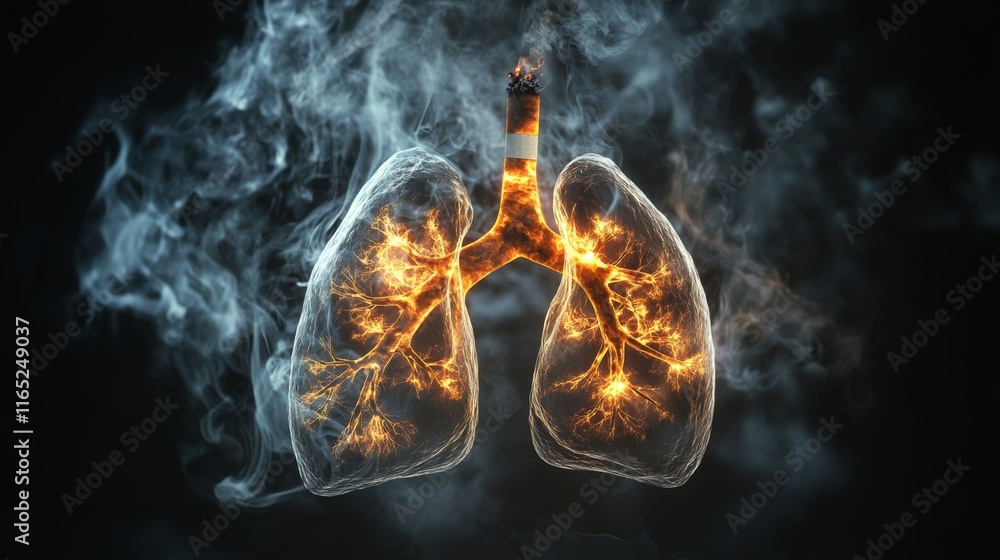 Obraz premium Human lungs with smoke on black background, Unhealthy habit. Full-length portrait photo of human lungs severely affected by smoking.