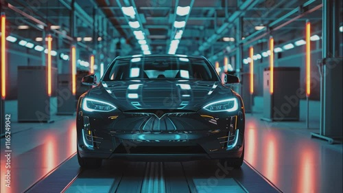 Sleek electric car on a modern assembly line, showcasing automotive manufacturing and technological advancement.  