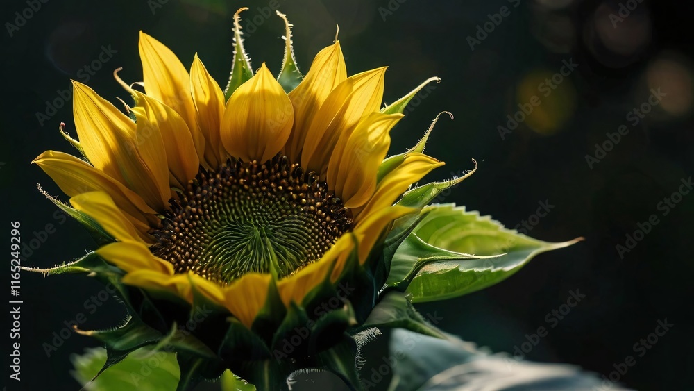 Naklejka premium Sunflower Close-Up, Illustration for International Sunflower Day: Vibrant and Detailed Floral Artwork in Bright Yellow Tones