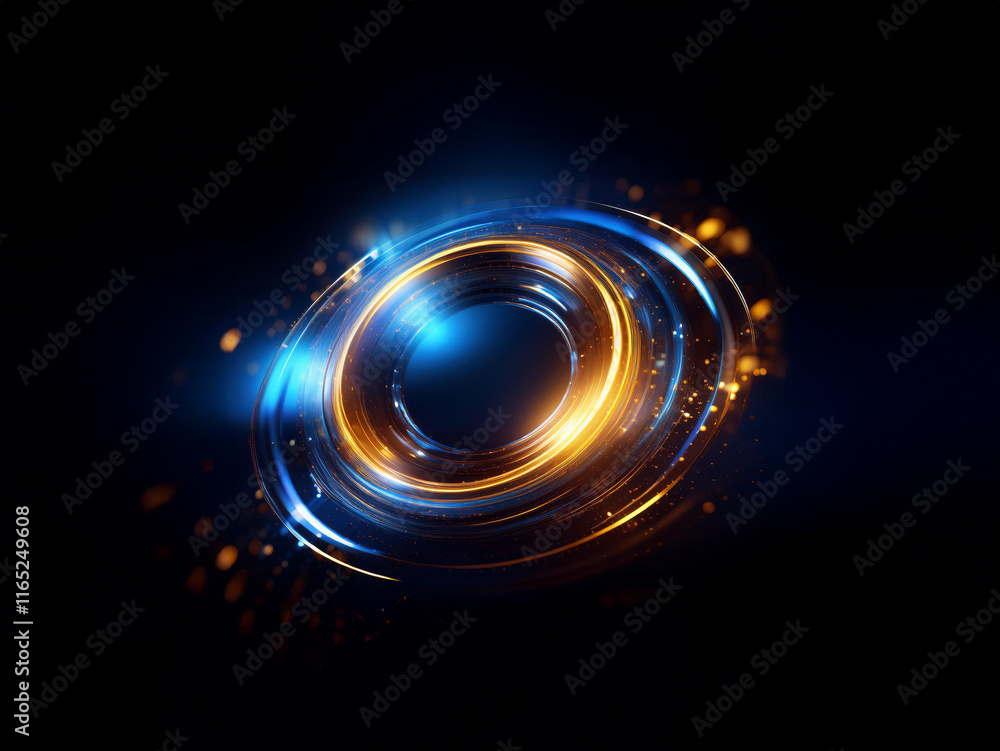 Glowing blue and gold rings intersect, creating a mesmerizing, abstract swirl against a dark background. The light trails suggest motion and energy. Glowing blue and gold rings intersect, creating a mesmerizing, abstract swirl against a dark background. The light trails suggest motion and energy.