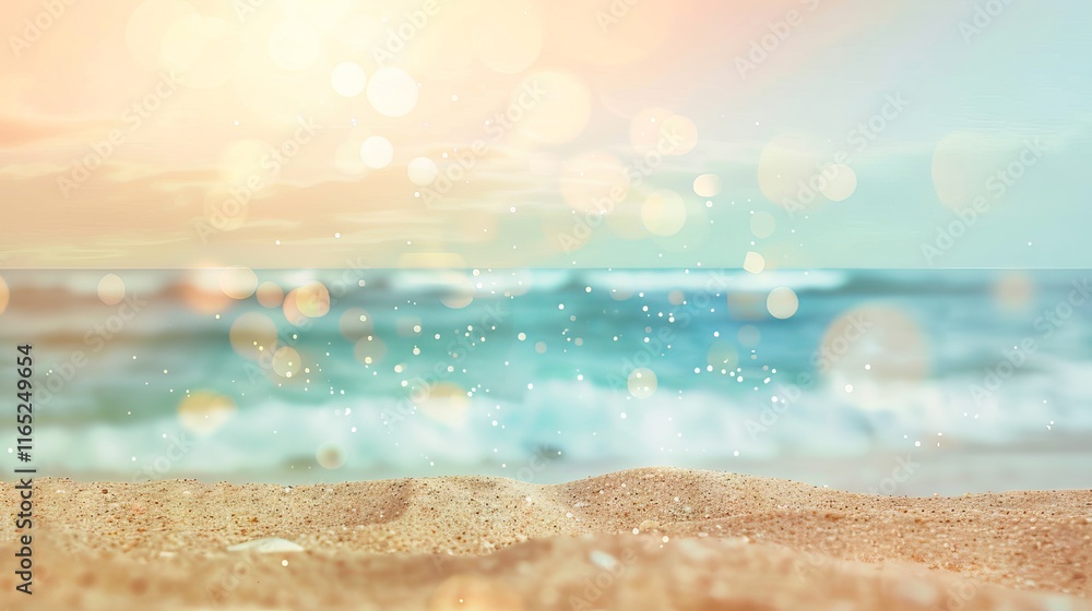 Tranquil abstract beach scene with soft bokeh reflections on a calm sea and sky, highlighting the sunlit sand in the foreground for a serene coastal ambiance Tranquil abstract beach scene with soft bokeh reflections on a calm sea and sky, highlighting the sunlit sand in the foreground for a serene coastal ambiance