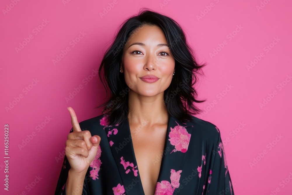 Young asian woman pointing upwards on pink background Young asian woman pointing upwards on pink background