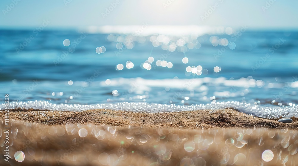 Tranquil abstract beach scene with soft bokeh reflections on a calm sea and sky, highlighting the sunlit sand in the foreground for a serene coastal ambiance Tranquil abstract beach scene with soft bokeh reflections on a calm sea and sky, highlighting the sunlit sand in the foreground for a serene coastal ambiance