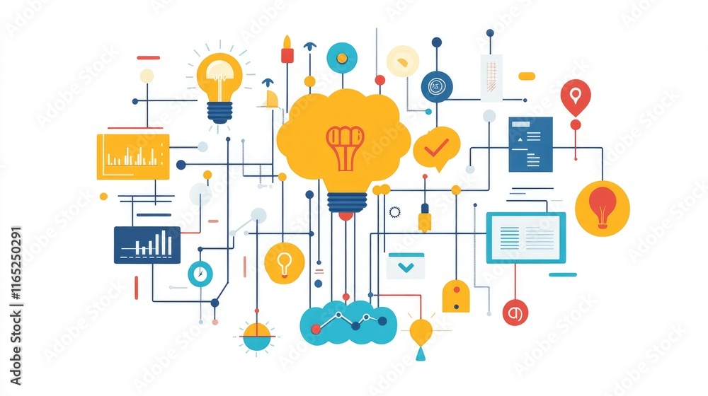 a creative mind map chart clipart, brainstorming process element, colorful connected nodes, flat design, isolated on white background a creative mind map chart clipart, brainstorming process element, colorful connected nodes, flat design, isolated on white background