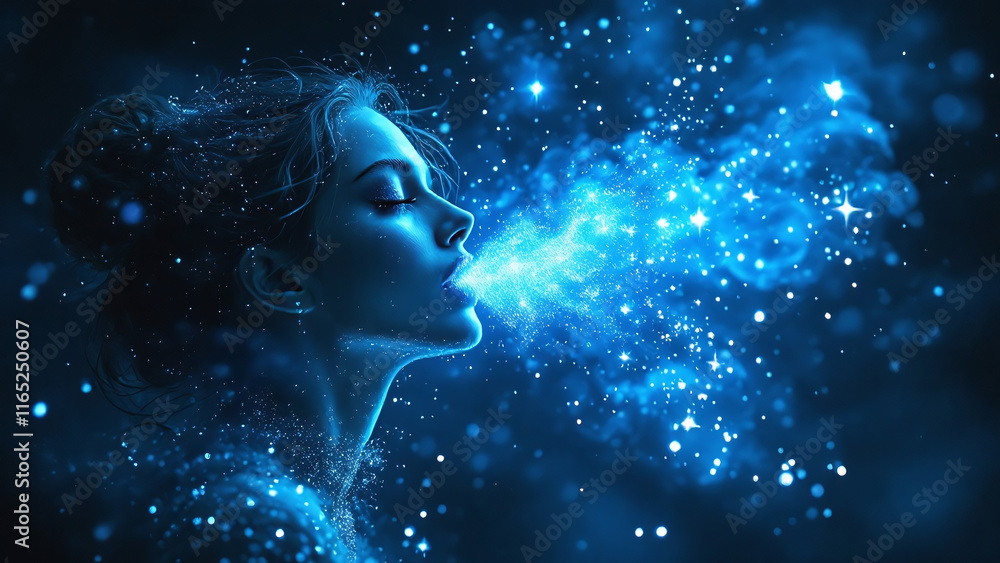 Goddess of Winter with a Mystical Aura Breathing Sparkling Snowflakes Against a Deep Blue Background Goddess of Winter with a Mystical Aura Breathing Sparkling Snowflakes Against a Deep Blue Background