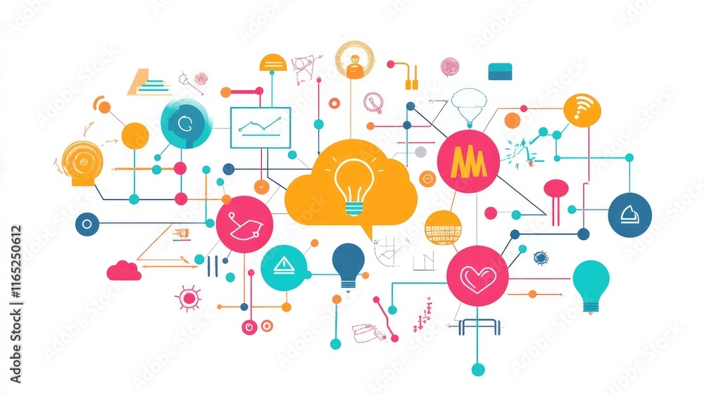 a creative mind map chart clipart, brainstorming process element, colorful connected nodes, flat design, isolated on white background a creative mind map chart clipart, brainstorming process element, colorful connected nodes, flat design, isolated on white background