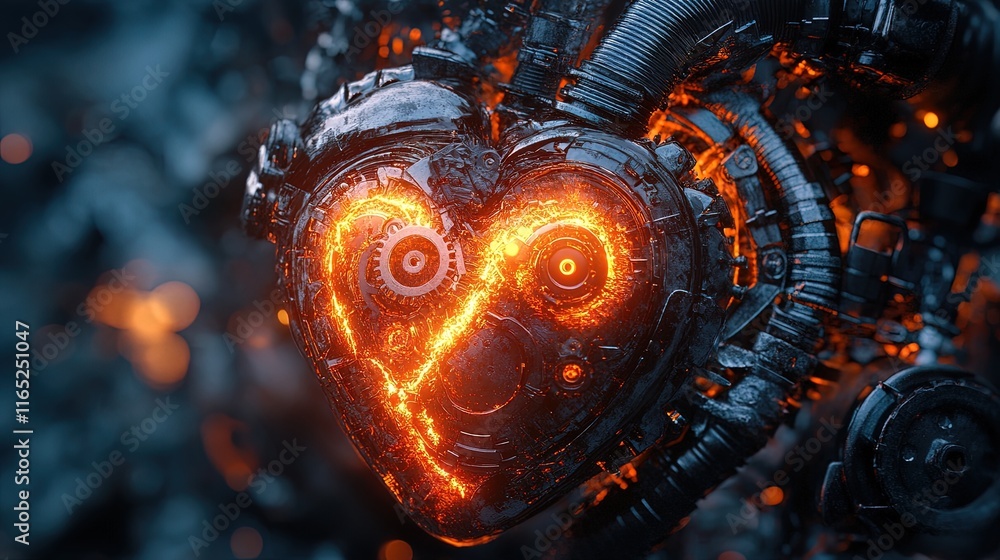 Mechanical heart made of metal and gears, glowing with electric pulses, industrial theme Mechanical heart made of metal and gears, glowing with electric pulses, industrial theme